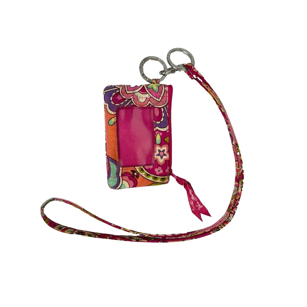 VERA BRADLEY Cotton Zip All-in-One Wallet Purse Lanyard Keychain Clear ID Window